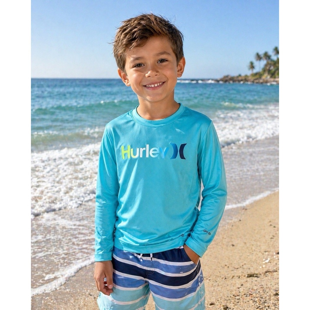 Hurley Youth Boy's Size 7/8 UPF 50+ Long Sleeve Rash Guard Blue Swim Top NWT